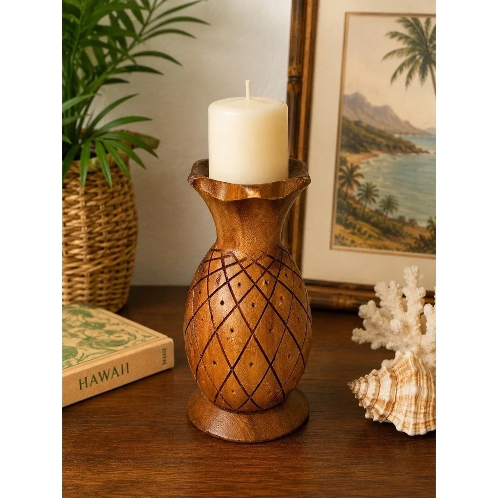 Vintage Monkey Pod Wood Candle Holder Hand Crafted Carved Hawaiian 8